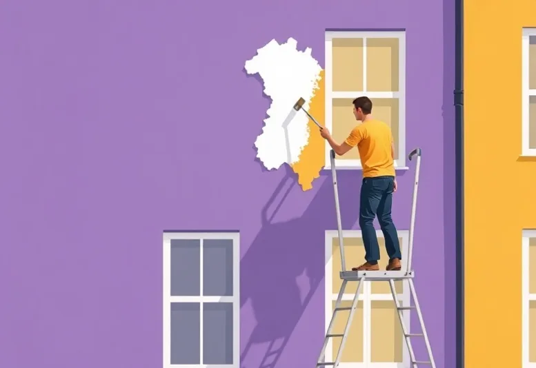 Peintre sur échafaudage traitant la façade d'une maison