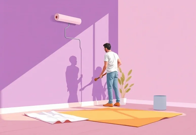 Peintre appliquant la peinture au rouleau sur un mur de salon